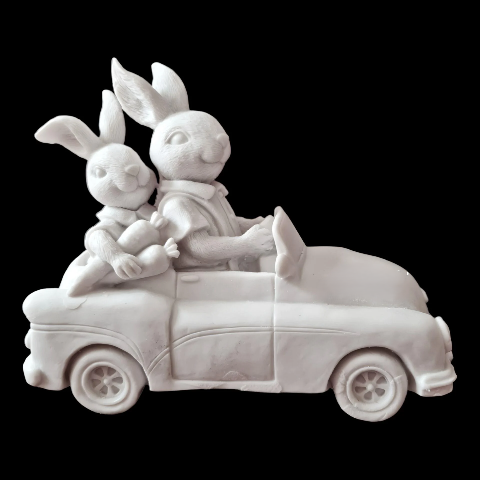 ikili Tavşan lı Araba Ham Polyester Obje 19x17cm