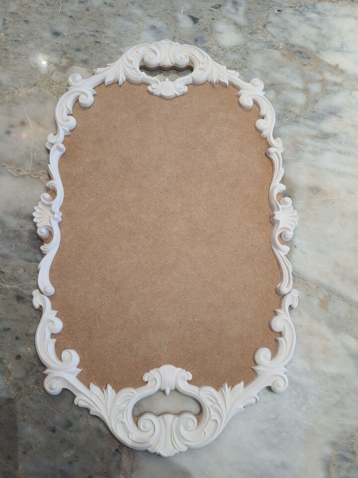 AHŞAPLI POLYESTER SUNUMLUK TEPSİ BÜYÜK OYMALI YENİİ 57X35CM